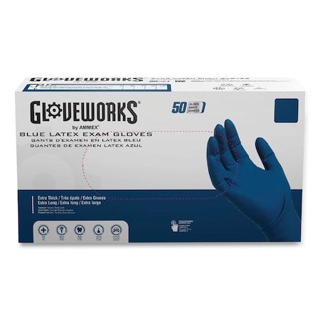 Gloveworks By Ammex Disposable Gloves, 13 mil Palm, Latex, Powder-Free, L, 500 PK, Blue GPLHD86100